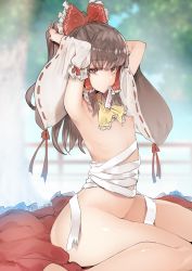 Rule 34 | 1girl, armpits, arms up, ascot, bow, breasts, brown eyes, brown hair, detached sleeves, hair bow, hair tubes, hakurei reimu, long hair, looking at viewer, mouth hold, nipples, nude, red bow, ribbon-trimmed sleeves, ribbon trim, sarash, sidelocks, sitting, skirt, unworn skirt, small breasts, solo, touhou, tousen, wide sleeves, yellow ascot