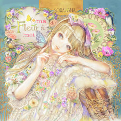 Rule 34 | 1girl, album cover, bad id, bad pixiv id, bird, blonde hair, boots, bow, brown footwear, bug, butterfly, butterfly on hand, chickadee, cover, cross-laced footwear, dress, flower, frilled dress, frills, hair bow, head tilt, bug, lace, original, pansy, sitting, solo, swallow (bird), white dress, yogisya