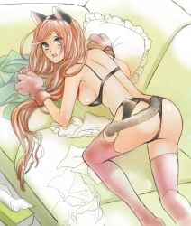 Rule 34 | 1girl, all fours, animal ears, animal hands, blue eyes, bra, breasts, brown hair, cat ears, cat paws, cat tail, couch, fake animal ears, frilled pillow, frills, garter belt, garter straps, highres, large breasts, long hair, looking away, open mouth, original, panties, papuniko, pillow, pink thighhighs, sideboob, sketch, solo, tail, thighhighs, thong, tissue, traditional media, underwear, underwear only