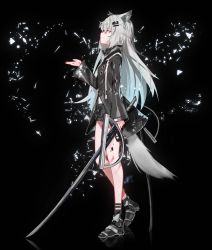 Rule 34 | 1girl, absurdres, animal ear fluff, animal ears, arknights, bare legs, black background, black footwear, black jacket, black shorts, error1980, from side, full body, hair ornament, hairclip, hand up, high collar, highres, holding, holding sword, holding weapon, jacket, lappland (arknights), left-handed, long hair, long sleeves, material growth, oripathy lesion (arknights), profile, shoes, short shorts, shorts, silver hair, simple background, smile, solo, standing, sword, tail, weapon, wolf ears, wolf tail