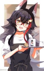 Rule 34 | 1girl, :d, absurdres, alternate costume, animal ear fluff, animal ears, apron, badge, black apron, black choker, black hair, border, button badge, choker, commentary request, cup, flipped hair, glasses, hair between eyes, hair ornament, hairclip, head tilt, highres, holding, holding tray, hololive, light blush, long hair, looking at viewer, multicolored hair, murasame (sword of nmkr), ookami mio, open mouth, red-framed eyewear, red streaks, semi-rimless eyewear, shirt, sidelocks, sleeves pushed up, smile, solo, spiked hair, streaked hair, teacup, teeth, translation request, tray, twitter username, under-rim eyewear, upper teeth only, very long hair, virtual youtuber, white border, white shirt, wolf ears, wolf girl, yellow eyes