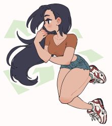 Rule 34 | 1girl, black eyes, black hair, blush, blush stickers, closed mouth, collarbone, dayo34, grey background, highres, long hair, original, shoes, simple background, sneakers, socks, solo, torn, torn clothes, white footwear