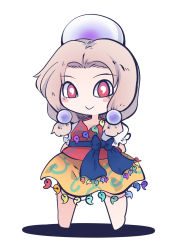 Rule 34 | 1girl, barefoot, blonde hair, blouse, brown hair, chahan (fried rice0614), forehead, hairband, headpiece, highres, jewelry, looking at viewer, magatama, magatama necklace, medium hair, medium skirt, multicolored clothes, multicolored hair, multicolored hairband, necklace, orb, patterned clothing, puffy short sleeves, puffy sleeves, rainbow order, red eyes, red shirt, sash, shirt, short sleeves, skirt, smile, solo, tamatsukuri misumaru, touhou, two-tone hair, white background, yellow skirt
