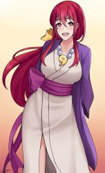 Rule 34 | 1girl, :d, ace attorney, aroevela, breasts, cosplay, gradient background, highres, japanese clothes, jewelry, kimono, kotohime (touhou), large breasts, long hair, looking at viewer, magatama, magatama necklace, maya fey, maya fey (cosplay), necklace, open mouth, red hair, signature, smile, solo, standing, touhou, touhou (pc-98), white kimono, yellow background