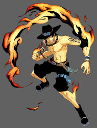 Rule 34 | 1boy, abs, belt, black eyes, black hair, boots, cowboy hat, fire, freckles, hat, highres, jewelry, knife, male focus, momo moto, muscular, necklace, one piece, portgas d. ace, sad face, shorts, simple background, smile, smiley face, solo, tattoo, topless male, weapon
