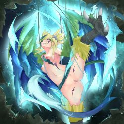 Rule 34 | 1girl, bird legs, blonde hair, blue feathers, blue wings, body markings, breasts, electricity, facial mark, feathered wings, feathers, green feathers, green hair, harpy, highres, monster girl, monster girl encyclopedia, multicolored hair, nanostar, navel, nipples, nude, pointy ears, pussy, pussy juice, red eyes, small breasts, solo, spread legs, tail, talons, thunderbird (monster girl encyclopedia), two-tone hair, winged arms, wings