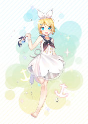 Rule 34 | 1girl, absurdres, anchor, bad id, bad pixiv id, bare legs, bare shoulders, barefoot, blonde hair, blue eyes, bracelet, choker, dress, fang, feet, full body, hair ornament, hair ribbon, hairclip, high heels, highres, jewelry, kagamine rin, moong gya, open mouth, ribbon, sailor collar, sandals, unworn sandals, shoes, unworn shoes, short hair, smile, solo, summer, toes, vocaloid, water drop