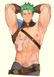 Rule 34 | 1boy, absurdres, arms behind head, bara, bare pectorals, belt, blush, commentary, cropped torso, dieck (fire emblem), disembodied hand, english commentary, fire emblem, fire emblem: the binding blade, gaunt, gauntlets, grabbing, green eyes, green hair, groping, highres, large pectorals, looking at viewer, male focus, male pubic hair, muscular, nintendo, nipples, pectoral grab, pectorals, penis, penis peek, pubic hair, scar, simple background, solo, sweatdrop, yellow background, zhineart