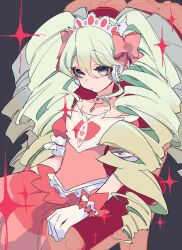 Rule 34 | 1girl, commentary request, cowboy shot, dress, drill hair, expressionless, falulu, gloves, green hair, grey background, grey eyes, headphones, highres, idol clothes, long hair, mochizuki kei, pink dress, pretty series, pripara, sidelocks, solo, sparkle, standing, tiara, twin drills, twintails, very long hair, white gloves