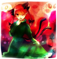 Rule 34 | 1girl, animal ears, braid, cat ears, cat tail, gradient background, kaenbyou rin, mayo (mayomr29), nail polish, one eye closed, pointy ears, red eyes, red hair, red nails, solo, tail, touhou, twin braids