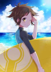 Rule 34 | 10s, 1boy, beach, blue sky, bodysuit, brown hair, carrying, carrying under arm, cloud, creatures (company), day, diving suit, game freak, grin, looking at viewer, male focus, nate (pokemon), niimura (csnel), nintendo, no headwear, ocean, one eye closed, outdoors, pokemon, pokemon bw2, sky, smile, solo, sun, surfboard, water, wet, wet hair, wetsuit, yellow eyes