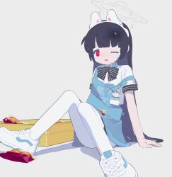 Rule 34 | 1girl, angel&#039;s 24 uniform (blue archive), animal ears, apron, black bow, black bowtie, black hair, blue archive, bow, bowtie, fake animal ears, food, grey background, halo, highres, long hair, looking at viewer, mill gyunu, miyu (blue archive), name tag, off shoulder, one eye closed, pantyhose, rabbit ears, red eyes, shirt, shoes, short sleeves, simple background, sitting, skirt, sneakers, solo, white pantyhose, white shirt