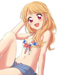 Rule 34 | 1girl, :d, aikatsu!, aikatsu! (series), bare arms, bare shoulders, bikini, bikini under clothes, blonde hair, blush, breasts, commentary, denim, denim shorts, feet out of frame, floral print, hair over shoulder, hand in own hair, highres, knee up, long hair, looking at viewer, multicolored eyes, natsuki mikuru, navel, open mouth, purple eyes, red eyes, sekina, short shorts, shorts, simple background, sitting, small breasts, smile, solo, swimsuit, wet, white background