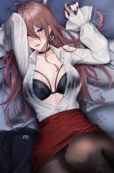 Rule 34 | 1girl, ahoge, bed, bed sheet, black bra, black jacket, black nails, black panties, black pantyhose, blue eyes, blush, bra, breasts, brown hair, choker, drawer, dress shirt, ear piercing, ear tag, expulse, gradient eyes, high-waist skirt, highres, jacket, jewelry, large breasts, lips, long hair, long sleeves, looking at viewer, lower teeth only, lying, miniskirt, multicolored eyes, nail polish, nana (kurisustinah), office lady, open clothes, open mouth, open shirt, original, panties, panties under pantyhose, pantyhose, paper stack, pencil skirt, piercing, pillow, red skirt, ring, see-through, shirt, shirt tucked in, signature, skirt, solo, sweat, teeth, unbuttoned, unbuttoned shirt, underwear