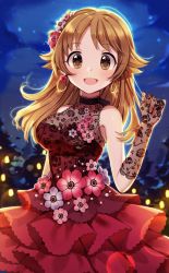 Rule 34 | 1girl, alternate hairstyle, backlighting, bare shoulders, blush, breasts, brown eyes, brown hair, cleavage, commentary request, cowboy shot, dress, earrings, floral print, flower, flower ornament, gloves, hair down, hair flower, hair ornament, halterneck, highres, idolmaster, idolmaster cinderella girls, idolmaster cinderella girls starlight stage, jewelry, katagiri sanae, korean commentary, lace, lace gloves, long hair, looking at viewer, medium breasts, night, night sky, open mouth, pinkiepies2, red dress, see-through, sky, sleeveless, sleeveless dress, smile, solo, star (sky), starry sky