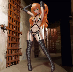Rule 34 | 1girl, absurdres, bad anatomy, black garter belt, bondage outfit, boots, dominatrix, full body, garter belt, gold trim, green eyes, harness, highres, latex, latex boots, long hair, orange hair, photo background, solo, standing, thigh boots, thighhighs, yuta0toku