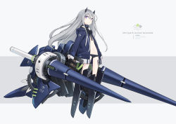 Rule 34 | 1girl, black footwear, black panties, blue jacket, blush, boots, closed mouth, flat chest, full body, grey background, grey hair, hood, hood down, hooded jacket, horns, jacket, knee boots, lance, long hair, long sleeves, looking at viewer, machinery, mecha musume, navel, no pants, open clothes, open jacket, original, panties, poco (asahi age), polearm, purple eyes, sidelocks, sleeves past wrists, solo, stomach, thighs, two-tone background, underwear, weapon, white background