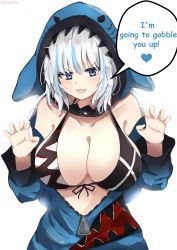 Rule 34 | 1girl, absurdres, alternate breast size, animal hood, animeattics, bare shoulders, bikini, bikini top only, blue eyes, blue hair, breasts, claw pose, cleavage, cowboy shot, english text, gawr gura, heart, highres, hololive, hololive english, hood, large breasts, looking at viewer, multicolored hair, open hands, open mouth, shark hood, sharp teeth, silver hair, solo, speech bubble, streaked hair, swimsuit, teeth, unzipped, v-shaped eyebrows, virtual youtuber, white background, zipper