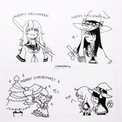 Rule 34 | 3girls, artist name, bow, bowtie, christmas, christmas tree, closed eyes, commentary, cream-chan (creamsherry), creamsherry, english commentary, english text, greyscale, halloween, happy halloween, hat, heart, highres, inktober, long hair, merry christmas, monochrome, multiple girls, open mouth, original, sailor collar, santa hat, school uniform, short hair, sigh, simple background, sparkle, sword, tongue, tongue out, weapon, white background, witch hat, wooden sword