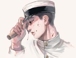 Rule 34 | 1boy, adjusting clothes, adjusting headwear, black eyes, black hair, blending, blood, blood on face, blood splatter, buzz cut, commentary request, empty eyes, expressionless, golden kamuy, hammer, hand up, hat, highres, holding, holding hammer, jacket, kepi, looking to the side, male focus, military hat, military uniform, mole, mole on cheek, osakanaman 7, parted lips, profile, short hair, simple background, solo, turtleneck, turtleneck jacket, uniform, usami tokishige, very short hair, white background, white jacket