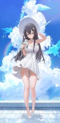 Rule 34 | 1girl, absurdres, arm up, bare arms, bare legs, black hair, blue eyes, blue sky, blush, breasts, choker, cleavage, clothes lift, cloud, cloudy sky, dress, dress lift, flower, freng, full body, hair between eyes, hair flower, hair ornament, halterneck, hand on headwear, hat, high heels, highres, holding, large breasts, long hair, looking at viewer, original, outdoors, panties, pantyshot, rainbow, sidelocks, sky, solo, standing, sun hat, thigh strap, thighs, underwear, white choker, white dress, white flower, white footwear, white hat, white panties