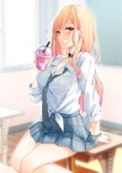 Rule 34 | 1girl, absurdres, black choker, blonde hair, blue skirt, blurry, blurry background, bracelet, breasts, choker, classroom, cleavage, cup, desk, disposable cup, dress shirt, drink, drinking straw, ear piercing, earrings, green necktie, grin, highres, holding, indoors, jewelry, kitagawa marin, large breasts, long hair, long sleeves, looking at viewer, necktie, piercing, plaid, plaid skirt, red eyes, ring, school uniform, shirt, sitting, skirt, smile, solo, sono bisque doll wa koi wo suru, teeth, teltelhousi, thighs, tied shirt, white shirt