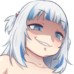 Rule 34 | 1girl, bare shoulders, blue eyes, blue hair, blunt bangs, clenched teeth, collarbone, commentary, english commentary, gawr gura, greatm8, grin, hair ornament, half-closed eyes, highres, hololive, hololive english, looking to the side, medium hair, multicolored hair, nude, parted lips, photoshop (medium), portrait, shaded face, shark hair ornament, smile, solo, source filmmaker (medium), streaked hair, teeth, topless, transparent background, two side up, virtual youtuber, white hair