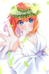 Rule 34 | 1girl, airo, blue eyes, blurry, blush, breasts, cleavage, closed mouth, collarbone, commentary, cowboy shot, depth of field, dress, earrings, eyebrows hidden by hair, eyelashes, falling leaves, floating hair, flower, flower wreath, from above, go-toubun no hanayome, hair between eyes, happy, head wreath, highres, jewelry, large breasts, leaf, long dress, looking at viewer, medium hair, nakano yotsuba, official alternate costume, official alternate hairstyle, open hand, orange hair, reaching, reaching towards viewer, rose, sidelighting, simple background, sleeveless, sleeveless dress, smile, solo, standing, straight hair, stud earrings, wedding dress, white background, white dress, white flower, white rose, wide-eyed