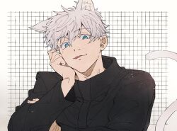 Rule 34 | 1boy, animal ears, black shirt, blue eyes, cat boy, cat ears, cat tail, closed mouth, commentary request, deka power, extra ears, gojou satoru, gradient background, grid background, hand on own face, jujutsu kaisen, long sleeves, looking at viewer, male focus, shirt, short hair, solo, tail, tongue, tongue out, upper body, white shirt