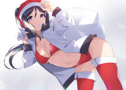 Rule 34 | 1girl, adjusting clothes, adjusting headwear, bikini, blue hair, breasts, christmas, cleavage, commentary, gradient background, grin, hair between eyes, hat, highres, jacket, leaning forward, long hair, long sleeves, love live!, love live! sunshine!!, matsuura kanan, medium breasts, navel, over shoulder, ponytail, purple eyes, red bikini, red hat, red thighhighs, sack, santa hat, sidelocks, smile, solo, swimsuit, symbol-only commentary, thighhighs, white jacket, yamaori (yamaorimon)