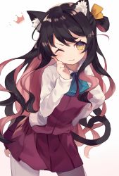 Rule 34 | 10s, 1girl, animal ear fluff, animal ears, black hair, blush, cat ears, cat tail, fang, fang out, hair ribbon, head tilt, index finger raised, kantai collection, kemonomimi mode, long hair, long sleeves, looking at viewer, multicolored hair, naganami (kancolle), one eye closed, pantyhose, pink hair, ribbon, school uniform, shugao, simple background, skirt, smile, solo, tail, thighhighs, very long hair, white thighhighs, yellow ribbon
