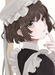 Rule 34 | 1girl, brown hair, collared shirt, commentary request, cream, cream on face, food, food on face, frills, green eyes, hat, highres, looking at viewer, looking to the side, maid, mob cap, mole, mole under eye, original, parted lips, sh (sh1030f), shirt, short hair, solo