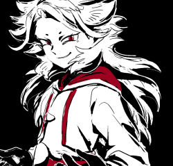 Rule 34 | 10s, 1boy, black background, gloves, goalkeeper, grin, hidaring, inazuma eleven (series), inazuma eleven go, inazuma eleven go galaxy, ixal fleet, long hair, looking at viewer, male focus, monochrome, phobos quasar, pointy ears, red eyes, smile, solo, spot color, upper body