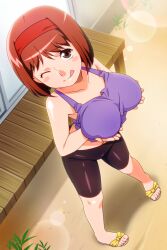 Rule 34 | 1girl, bike shorts, blush stickers, breasts, brown eyes, brown hair, day, full body, kayama tamami, large breasts, lens flare, looking at viewer, non-web source, official art, one eye closed, outdoors, photoshop (medium), sandals, short hair, smile, solo, standing, super real mahjong, tanaka ryou, tongue, tongue out