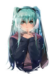 Rule 34 | 1girl, bad id, bad pixiv id, bba1985, blush, earmuffs, green eyes, green hair, hatsune miku, highres, long hair, looking at viewer, matching hair/eyes, simple background, solo, vocaloid, white background