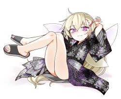 Rule 34 | 1girl, :3, arms behind head, black kimono, blonde hair, blush, closed mouth, clownpiece, crossed legs, fairy wings, grey footwear, grey sash, hair ornament, hairclip, highres, japanese clothes, kimono, long hair, looking at viewer, obi, purple eyes, sash, simple background, sitting, slippers, smile, smug, solo, touhou, very long hair, white background, wings, x hair ornament, yassy