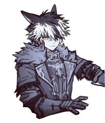Rule 34 | 1boy, animal ears, arm armor, arm up, armor, black hair, black jacket, breastplate, cat boy, cat ears, character request, colored skin, cropped torso, facial mark, final fantasy, final fantasy xiv, fur-trimmed jacket, fur trim, gauntlets, hand up, high collar, highres, jacket, looking to the side, male focus, miqo&#039;te, multicolored hair, open clothes, open jacket, popocoy, serious, simple background, slit pupils, solo, two-tone hair, white background, white hair, white skin, yellow eyes