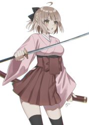 Rule 34 | 1girl, adapted costume, ahoge, black bow, black thighhighs, blonde hair, bow, breasts, commentary, fate/grand order, fate (series), hair bow, hakama, hakama short skirt, hakama skirt, highres, holding, holding sheath, holding sword, holding weapon, japanese clothes, katana, kimono, koha-ace, long sleeves, medium breasts, obi, okita souji (fate), okita souji (koha-ace), oshage (osyage921), pink kimono, sash, sheath, simple background, skirt, solo, standing, sword, thighhighs, weapon, white background, wide sleeves, yellow eyes
