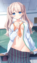 Rule 34 | 1girl, arisa eloise beau-regard, arm between breasts, between breasts, black skirt, blue eyes, blush, breasts, brown hair, closed mouth, clothes pull, commentary request, desk, groin, hand up, highres, indoors, long hair, long sleeves, looking at viewer, medium breasts, navel, necktie, open clothes, open shirt, orange necktie, puffy long sleeves, puffy sleeves, raramagi, satsuki yukimi, school desk, school uniform, shirt, skirt, skirt pull, solo, striped clothes, striped skirt, twintails, vertical-striped clothes, vertical-striped skirt, white shirt
