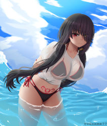 Rule 34 | 1girl, absurdres, arms behind back, artist name, backlighting, bikini, bikini under clothes, black bikini, black hair, breasts, cleavage, cowboy shot, date a live, hair ornament, hair over one eye, hand on arm, heterochromia, highres, large breasts, leaning forward, long bangs, long hair, looking at viewer, low twintails, nail polish, navel, ocean, outdoors, pubic tattoo, red eyes, red nails, see-through, shirt, side-tie bikini bottom, sideboob, smile, solo, sunlight, swimsuit, swimsuit under clothes, tattoo, thighs, tokisaki kurumi, twintails, underboob, very long hair, wading, watermark, wet, wet clothes, wet shirt, white shirt, yellow eyes, zedxbr
