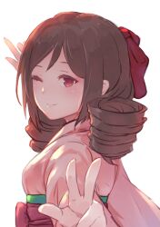 Rule 34 | 1girl, blush, breasts, brown hair, drill hair, hair ribbon, harukaze (kancolle), japanese clothes, kantai collection, kimono, looking at viewer, meiji schoolgirl uniform, obi, one eye closed, pink kimono, red eyes, ribbon, sash, simple background, small breasts, smile, solo, tomamatto, twin drills, upper body, w, white background, wide sleeves