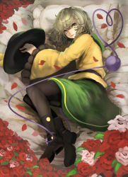 Rule 34 | 1girl, aqua eyes, aqua hair, black pantyhose, blouse, boots, come hither, flower, frilled sleeves, frills, green skirt, hat, unworn hat, unworn headwear, heart, heart-shaped pupils, heart of string, holding, holding clothes, holding hat, komeiji koishi, light smile, long sleeves, looking at viewer, lying, naughty face, on bed, on side, pantyhose, parted lips, pillow, pink flower, pink rose, red flower, red rose, rose, shirt, short hair, skirt, solo, symbol-shaped pupils, third eye, ton (artist), touhou, yellow shirt
