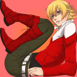 Rule 34 | 10s, 1boy, bad id, bad pixiv id, barnaby brooks jr., belt, blonde hair, boots, cramped, glasses, gradient background, green eyes, jacket, jewelry, male focus, necklace, red jacket, sakamotomadoka10, solo, studded belt, tiger &amp; bunny