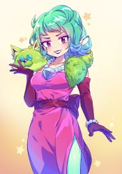 Rule 34 | 1girl, absurdres, arm at side, arm up, back bow, bead bracelet, bead necklace, beads, blush, bow, bracelet, brawl stars, breasts, collarbone, cowboy shot, dress, elbow gloves, eyelashes, feet out of frame, gloves, gradient background, green hair, grin, highres, jewelry, kaoling, lola (brawl stars), looking at viewer, medium breasts, medium hair, mole, mole under mouth, necklace, off-shoulder dress, off shoulder, open mouth, pantyhose, pink dress, purple eyes, red gloves, red sash, sash, scarf, side slit, smile, solo, standing, star (symbol), teeth, v-shaped eyebrows, white pantyhose, yellow background
