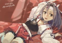 Rule 34 | 10s, 1girl, brown eyes, brown hair, headband, japanese clothes, kantai collection, looking at viewer, lying, on back, open mouth, solo, toro (konirio), zuihou (kancolle)