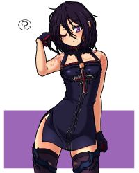 Rule 34 | 1girl, black dress, black gloves, black hair, dress, dungeon and fighter, female priest (dungeon and fighter), gloves, looking down, mistress (dungeon and fighter), one eye closed, purple eyes, short hair, solo, sss (komojinos3), tattoo, thighhighs, upper body