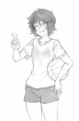 Rule 34 | 1girl, ;), ball, basketball, basketball (object), blush, cowboy shot, eyes visible through hair, female focus, freckles, greyscale, grin, hair between eyes, hand on own hip, hand up, holding, holding ball, looking at viewer, mari (twrlare), monochrome, one eye closed, original, see-through, shirt, short hair, short shorts, short sleeves, shorts, smile, solo, sports bra, standing, sweat, t-shirt, tareme, teeth, tomboy, twrlare, v, wet, wet clothes, wet shirt, wink