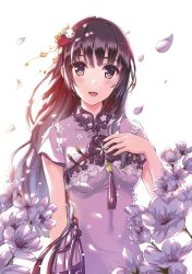 Rule 34 | 1girl, :d, arm behind back, blush, breasts, brown eyes, brown hair, china dress, chinese clothes, covered navel, dress, flower, hair ornament, hairpin, katou megumi, long hair, looking at viewer, medium breasts, open mouth, purple dress, saenai heroine no sodatekata, short sleeves, simple background, smile, solo, sylnice, upper body, very long hair, white background, white flower