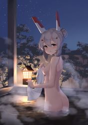 Rule 34 | 1girl, absurdres, alternate hairstyle, ass, ayanami (azur lane), azur lane, bare back, bare shoulders, breasts, commentary request, fence, hair between eyes, hair bun, hair ornament, hairclip, headgear, highres, holding, holding towel, in water, lantern, long hair, looking at viewer, medium breasts, midriff, night, night sky, nipples, nude, onsen, orange eyes, penguin (dx19291005), sideboob, sidelocks, silver hair, single hair bun, sky, solo, star (sky), starry sky, steam, towel, tree, wet, wooden fence