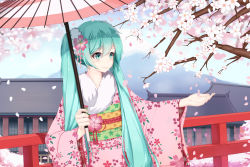 Rule 34 | 1girl, absurdres, aqua eyes, aqua hair, architecture, blush, bridge, cherry blossoms, closed mouth, cloud, collarbone, day, east asian architecture, falling petals, floral print, flower, food-themed hair ornament, fur trim, hair between eyes, hair flower, hair ornament, hatsune miku, highres, holding, holding umbrella, japanese clothes, kimono, long hair, long sleeves, looking away, mountain, obi, oil-paper umbrella, outstretched arm, outstretched hand, parasol, petals, pink flower, pink kimono, print kimono, sash, sky, smile, snow, solo, spring onion, standing, sugar sound, tassel, tree, twintails, umbrella, very long hair, vocaloid, wide sleeves, wind